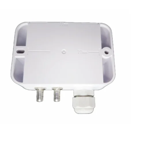 Transmisor lefoo lfm108 trasera base Transmisor de presión diferencial LEFOO LFM108 vista trasera con orificios para fijación en pared o ducto