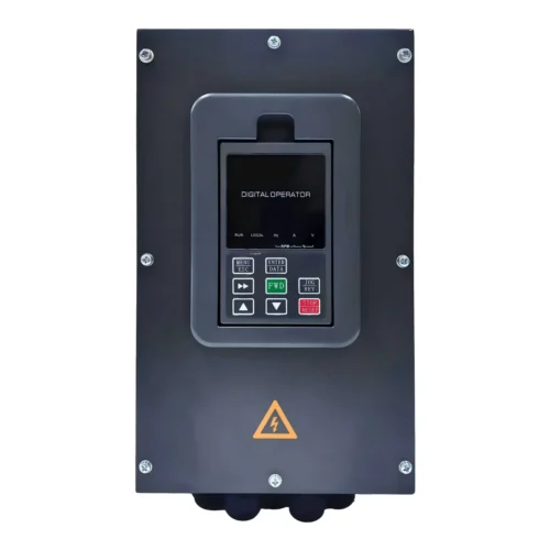 Variador de frecuencia IP54 Rievtech V910, vista frontal Vista frontal del variador de frecuencia IP54 Rievtech V910 con display digital y tornillos de sellado perimetral