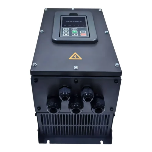 Variador de frecuencia IP54 Rievtech V910, vista superior Vista superior del variador de frecuencia IP54 Rievtech V910 mostrando la tapa sellada y los prensaestopas